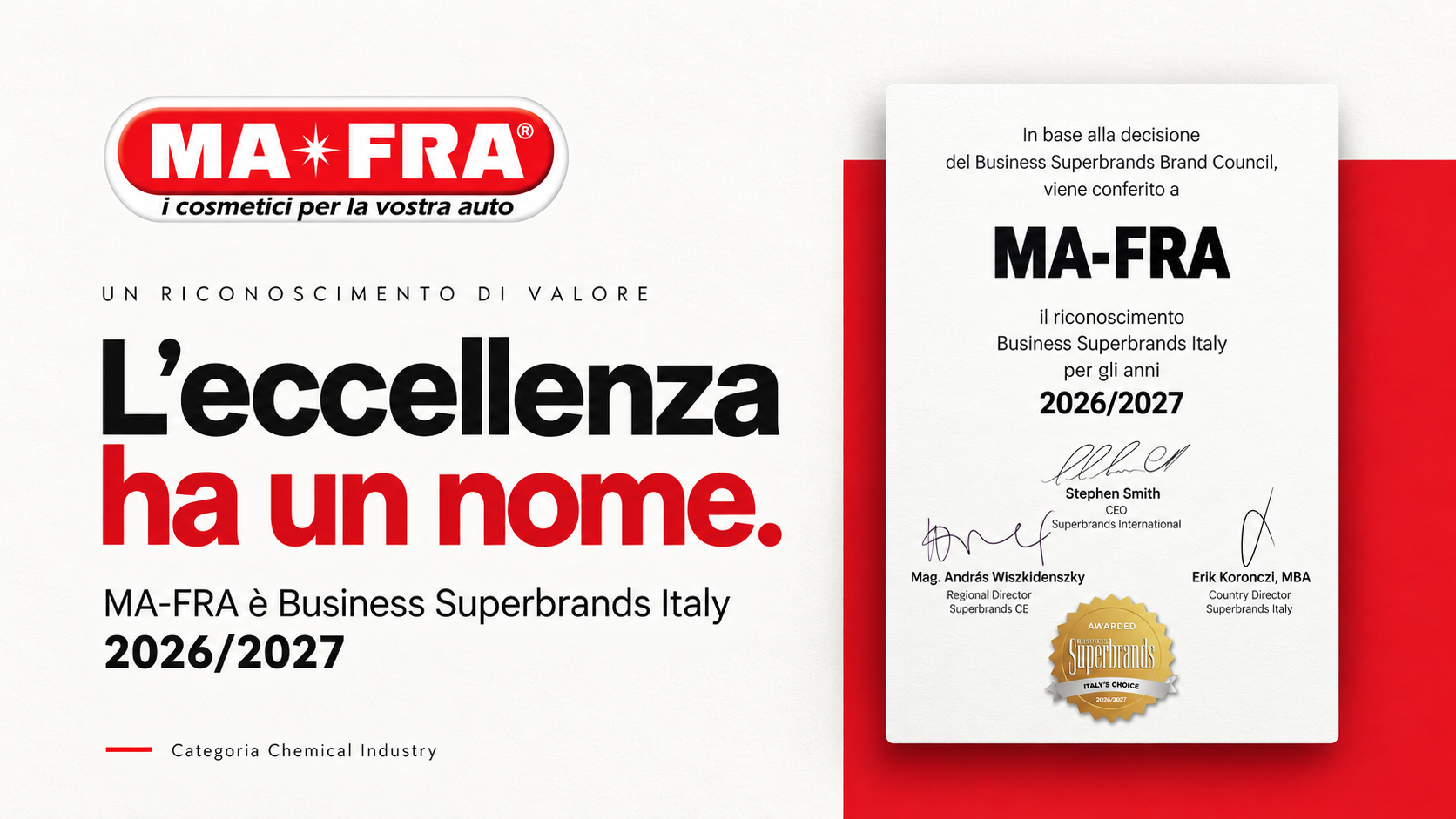 MA-FRA è Business Superbrands Italy 2026/2027 nella categoria Chemical Industry