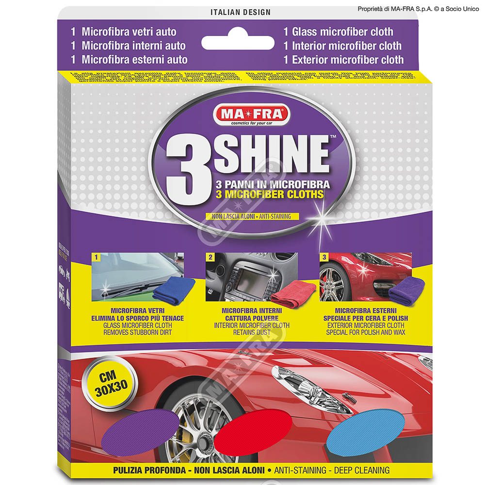 3Shine, tris di panni specifici per carrozzeria, vetri e plastiche auto